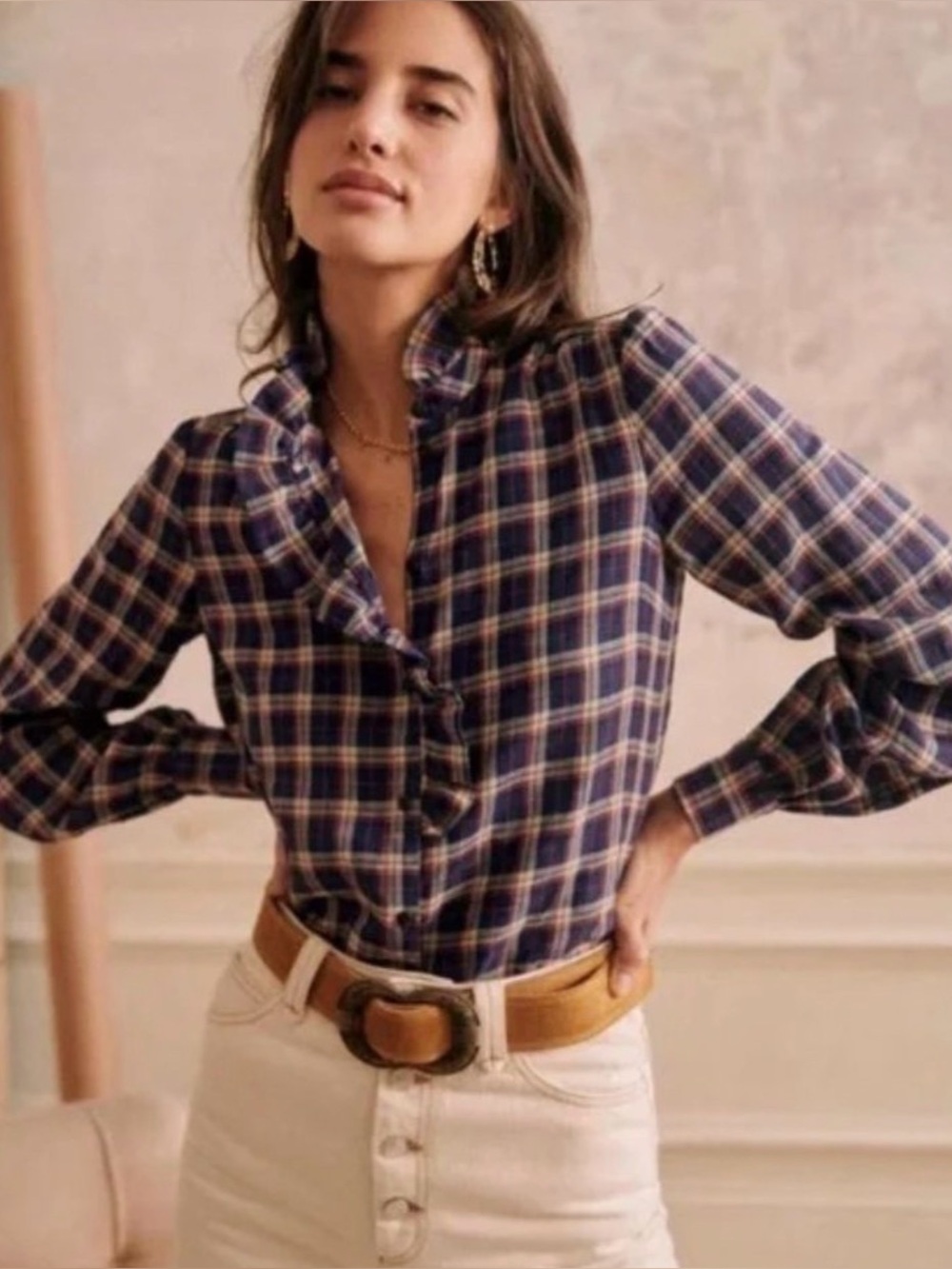 Sezane Chemise Chloe Carreaux Oxford Plaid Blouse 38